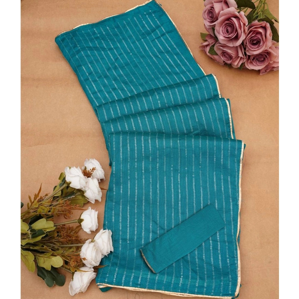 Women's Vichitra Silk Striped Saree With Unstitched Blouse 5.5 Mtr (Sky Blue)