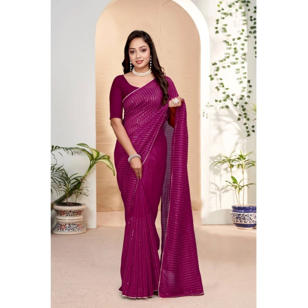 Women's Vichitra Silk Striped Saree With Unstitched Blouse 5.5 Mtr (Purple)
