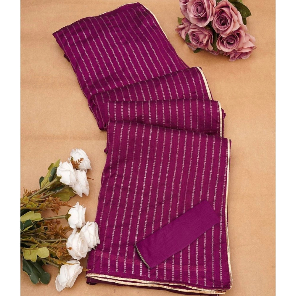 Women's Vichitra Silk Striped Saree With Unstitched Blouse 5.5 Mtr (Purple)