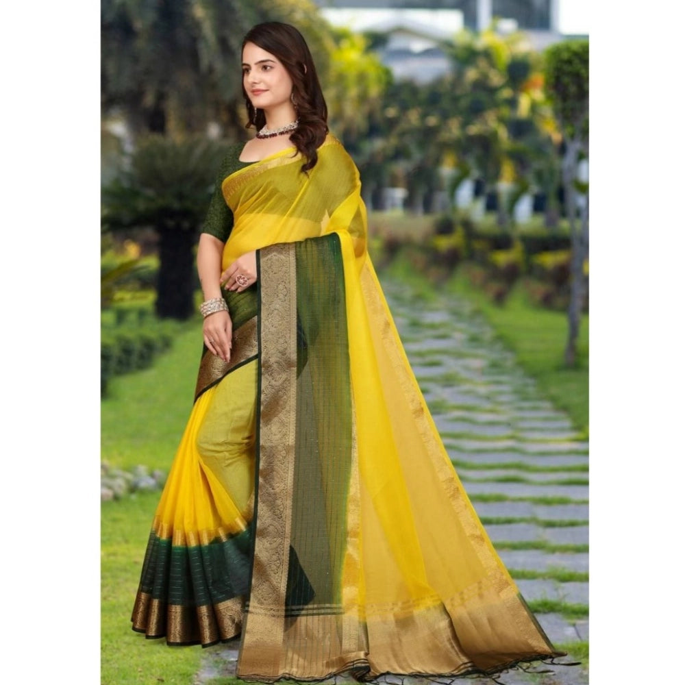 Women's Khadi Cotton Solid Saree With Unstitched Blouse 5.5 Mtr (Yellow)