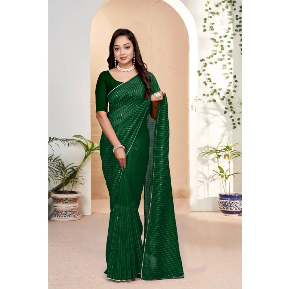 Women's Vichitra Silk Striped Saree With Unstitched Blouse 5.5 Mtr (Green)