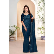 Women's Vichitra Silk Striped Saree With Unstitched Blouse 5.5 Mtr (Blue)