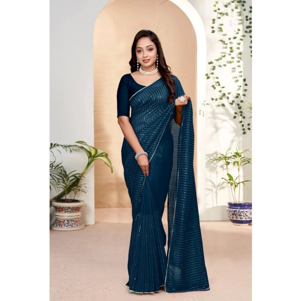 Women's Vichitra Silk Striped Saree With Unstitched Blouse 5.5 Mtr (Blue)