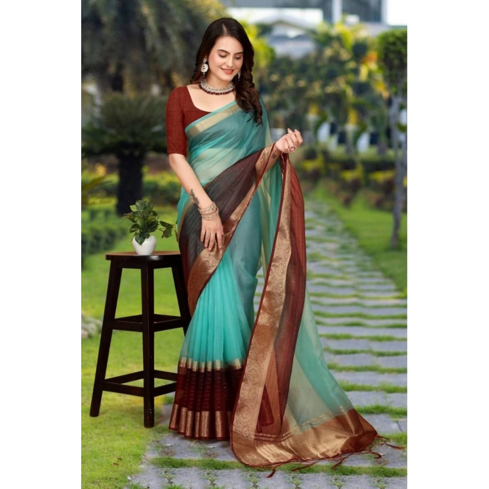 Women's Khadi Cotton Solid Saree With Unstitched Blouse 5.5 Mtr (Sky Blue)