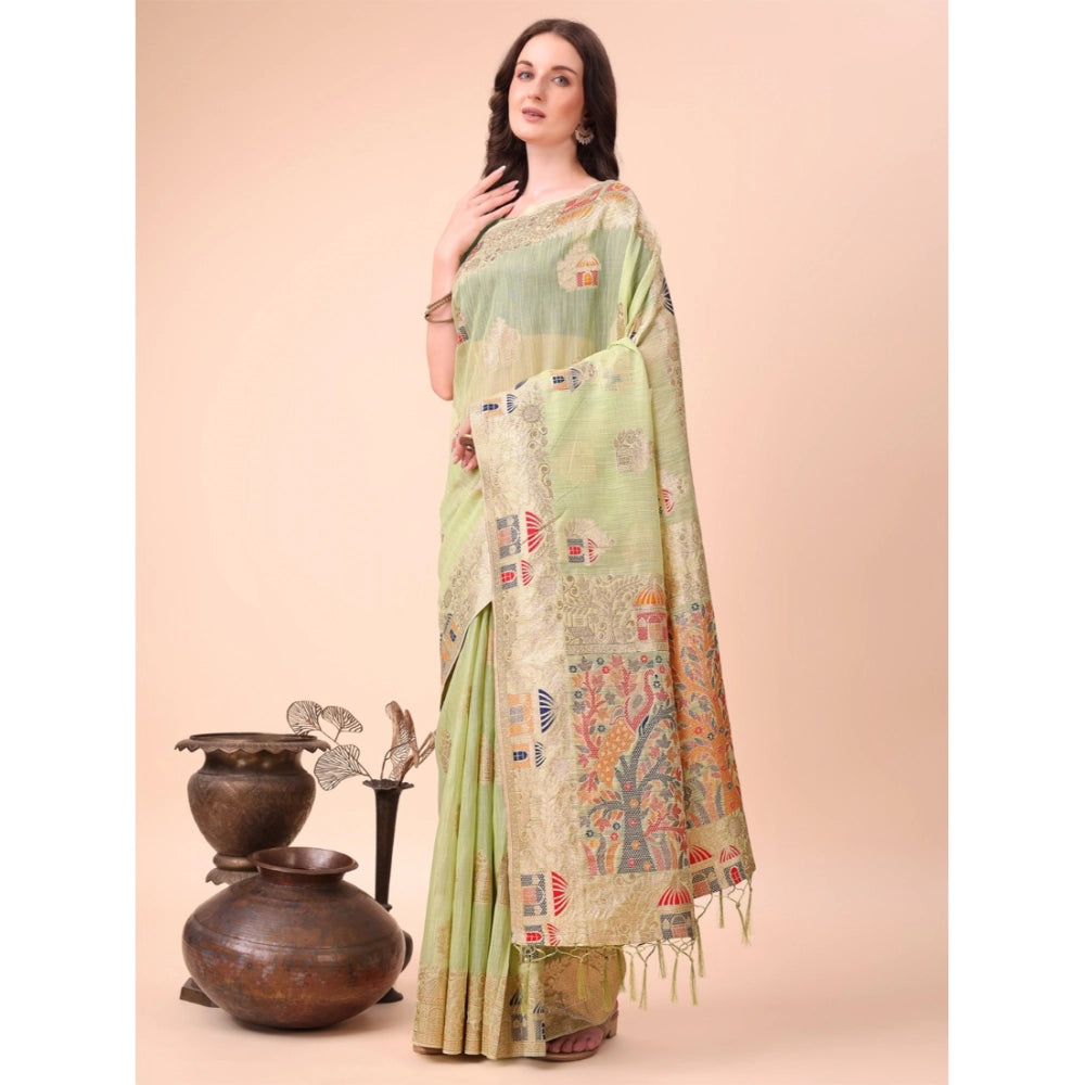 Women's Linen Cotton Printed Saree With Unstitched Blouse 5.5 Mtr (Light Green)