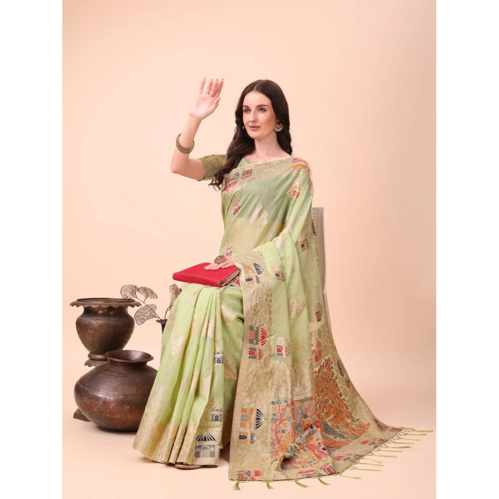 Women's Linen Cotton Printed Saree With Unstitched Blouse 5.5 Mtr (Light Green)
