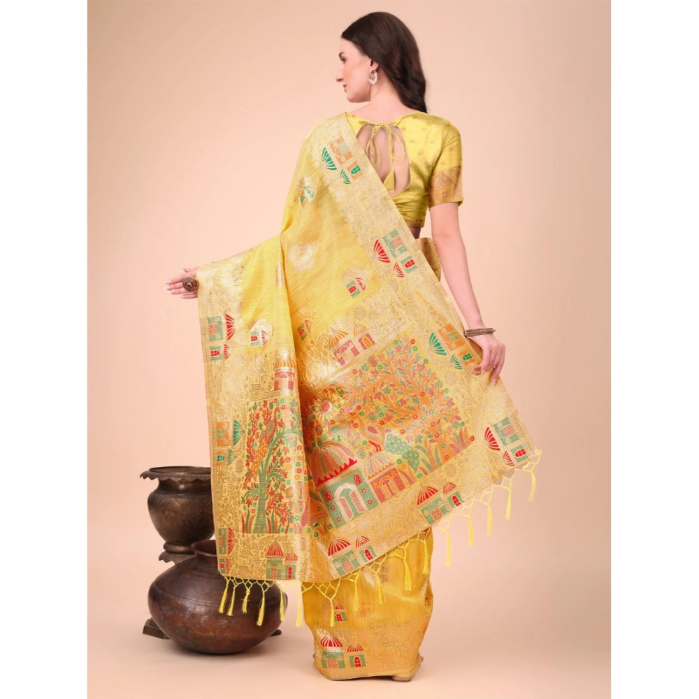 Women's Linen Cotton Printed Saree With Unstitched Blouse 5.5 Mtr (Yellow)