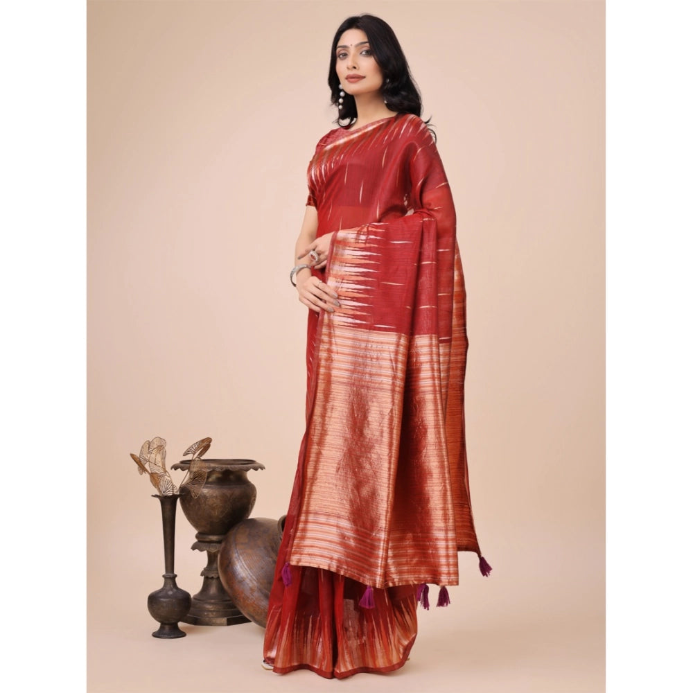 Women's Linen Cotton Printed Saree With Unstitched Blouse 5.5 Mtr (Red)