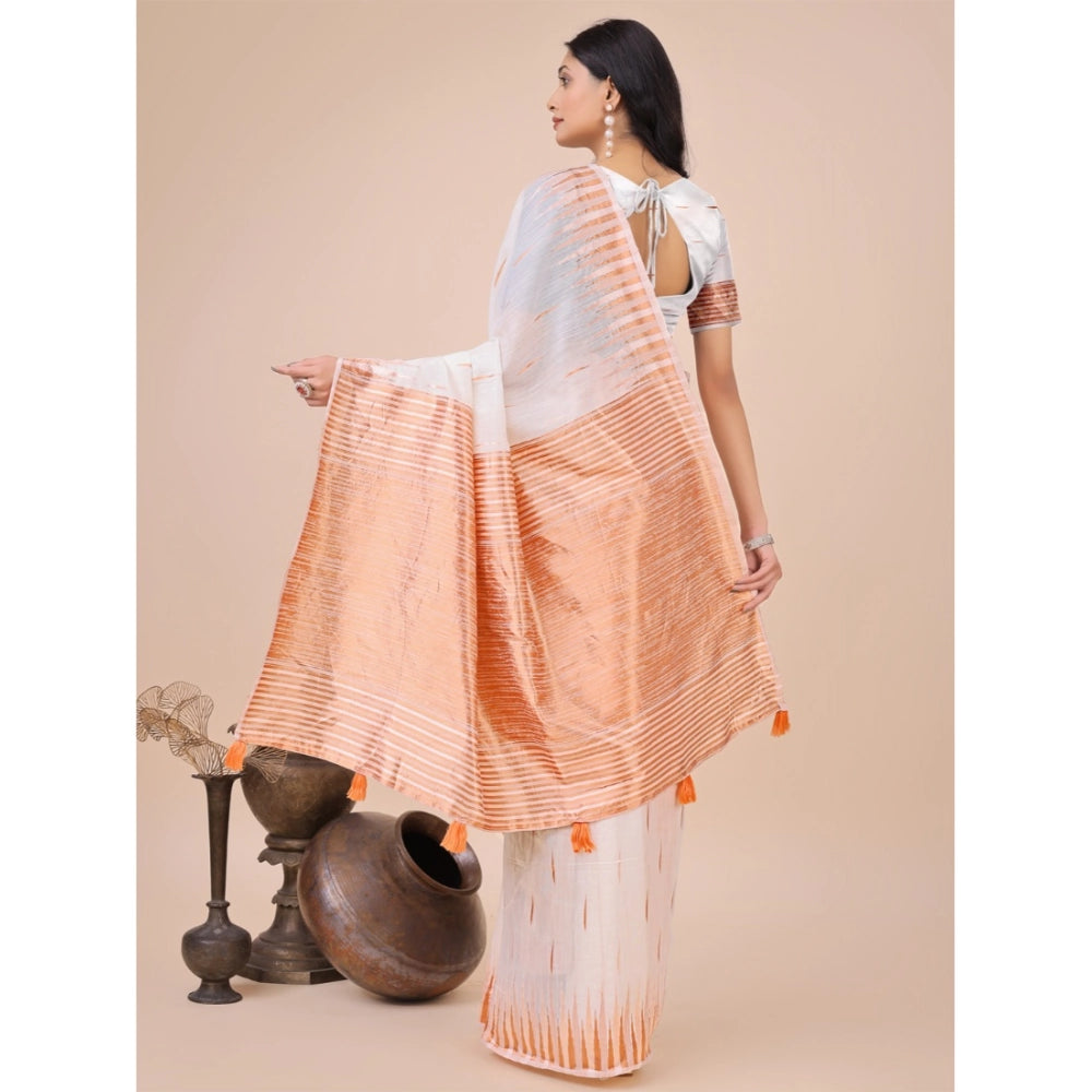 Women's Linen Cotton Printed Saree With Unstitched Blouse 5.5 Mtr (White)