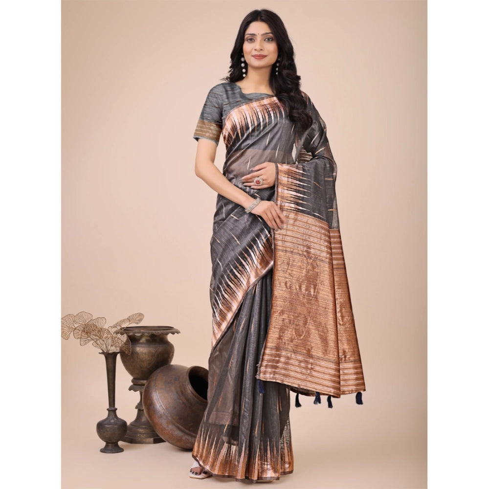 Women's Linen Cotton Printed Saree With Unstitched Blouse 5.5 Mtr (Grey)