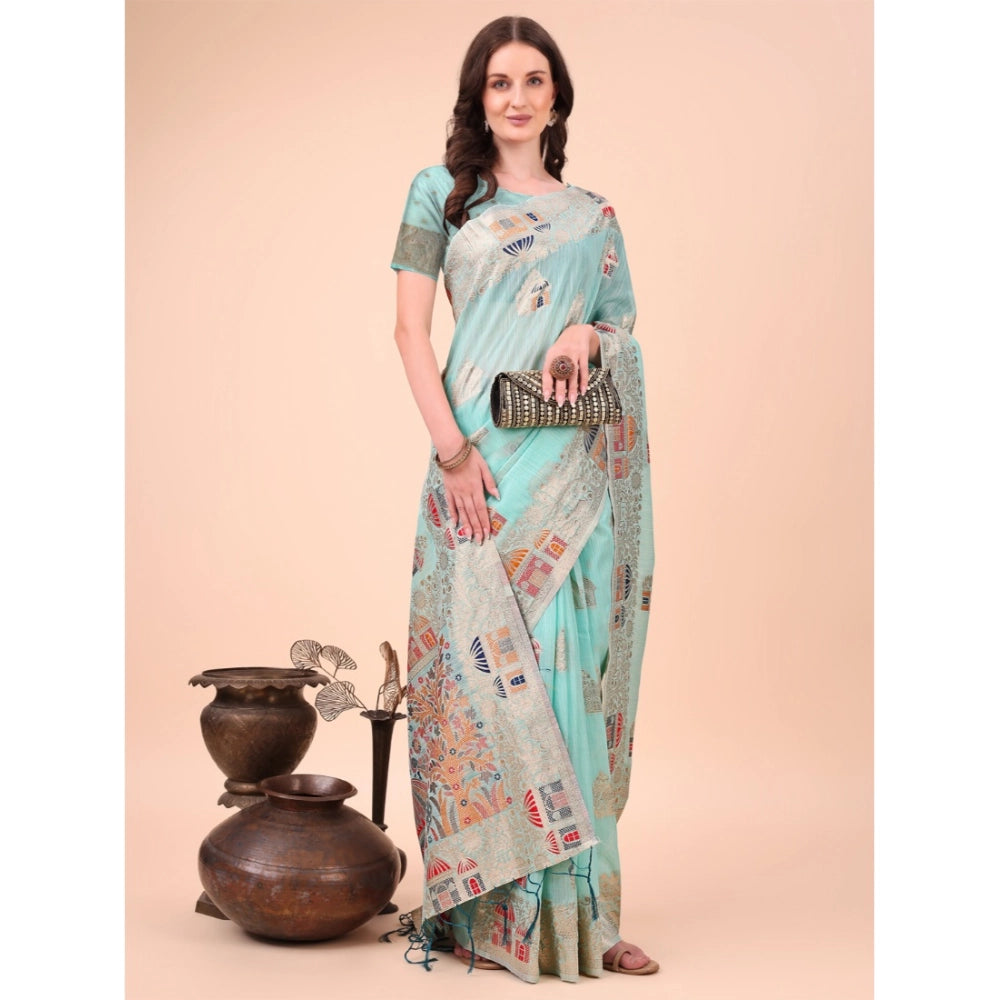 Women's Linen Cotton Printed Saree With Unstitched Blouse 5.5 Mtr (Sky Blue)
