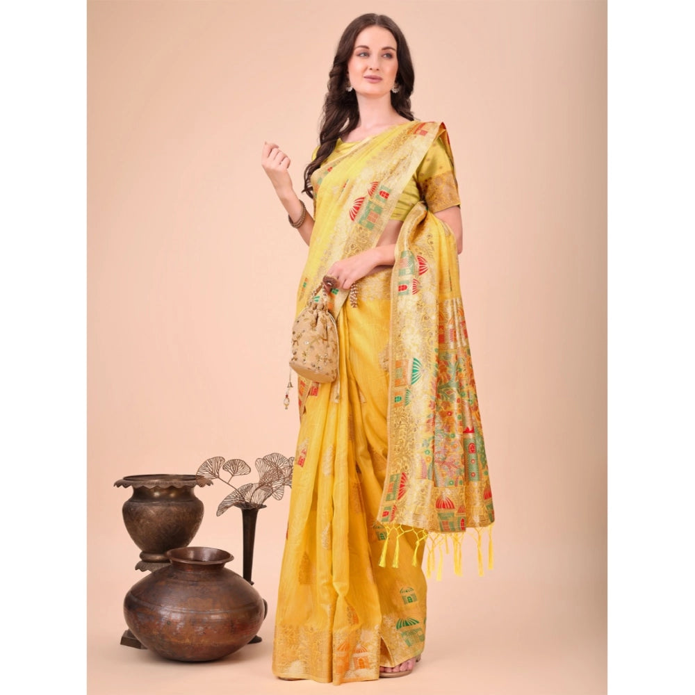 Women's Linen Cotton Printed Saree With Unstitched Blouse 5.5 Mtr (Yellow)