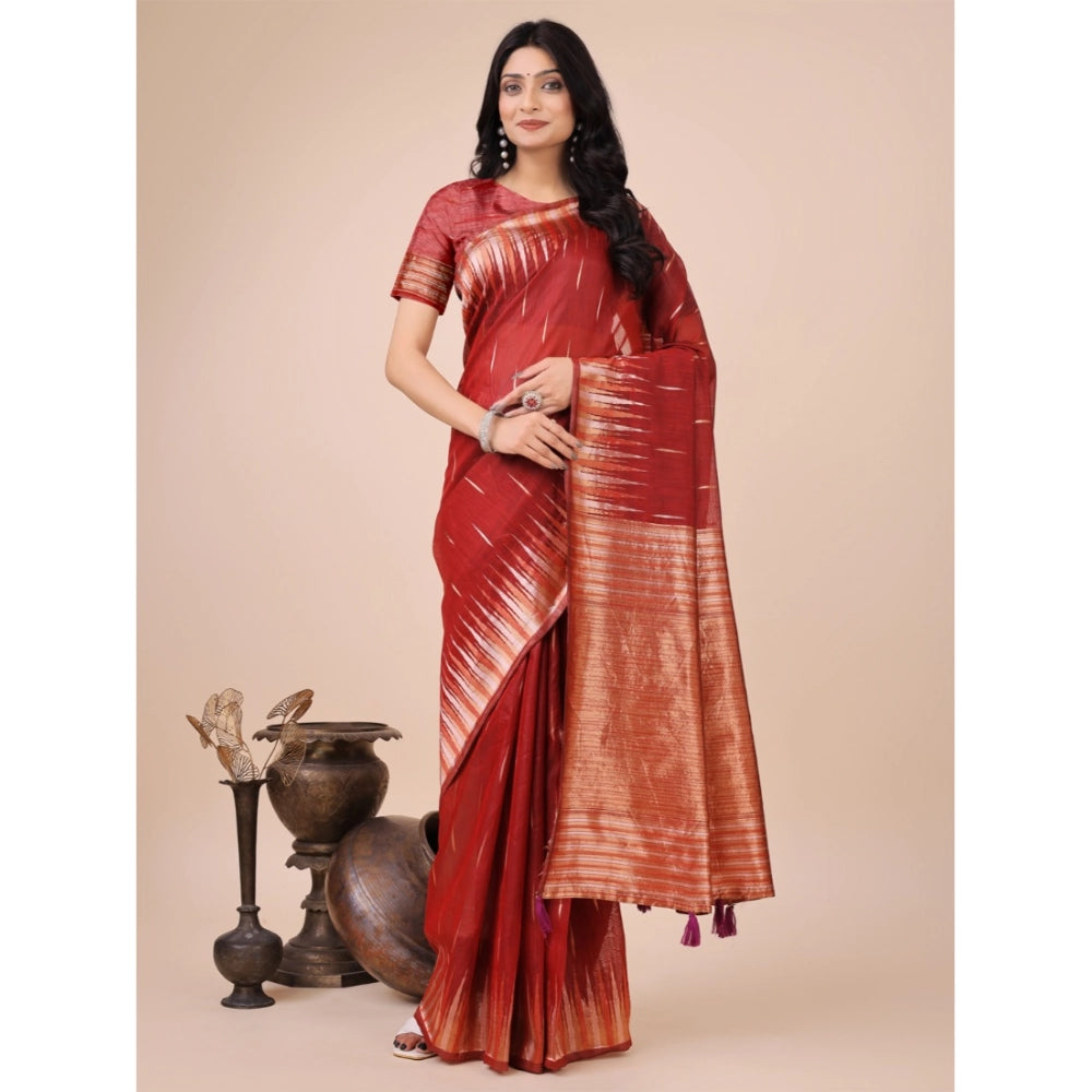 Women's Linen Cotton Printed Saree With Unstitched Blouse 5.5 Mtr (Red)