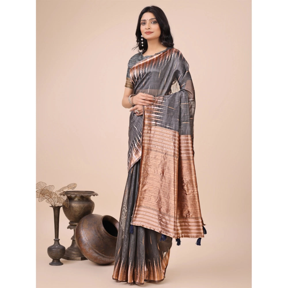 Women's Linen Cotton Printed Saree With Unstitched Blouse 5.5 Mtr (Grey)