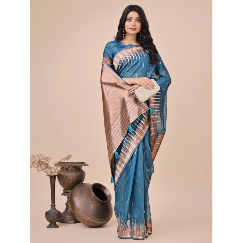 Women's Linen Cotton Printed Saree With Unstitched Blouse 5.5 Mtr (Blue)