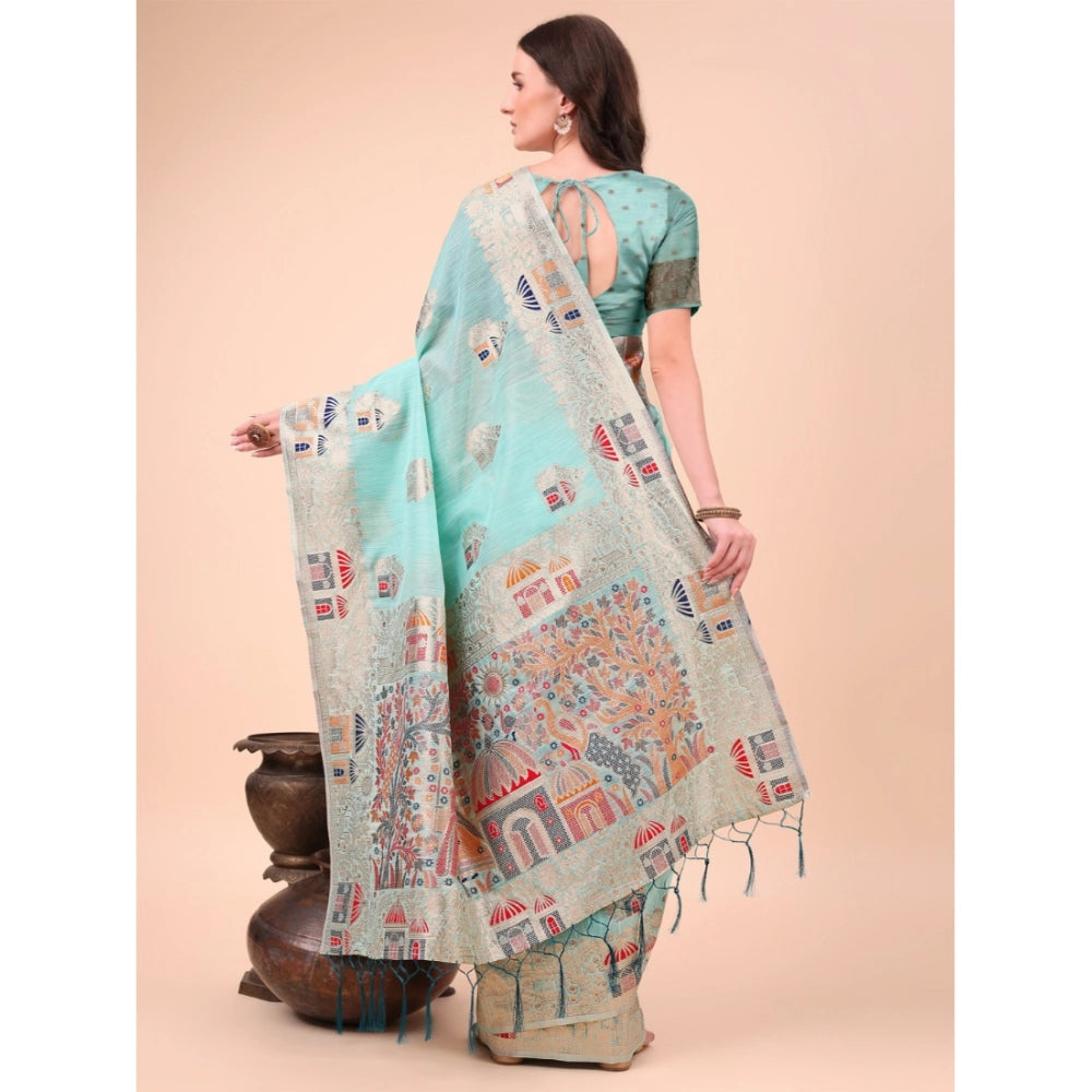 Women's Linen Cotton Printed Saree With Unstitched Blouse 5.5 Mtr (Sky Blue)