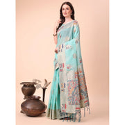 Women's Linen Cotton Printed Saree With Unstitched Blouse 5.5 Mtr (Sky Blue)