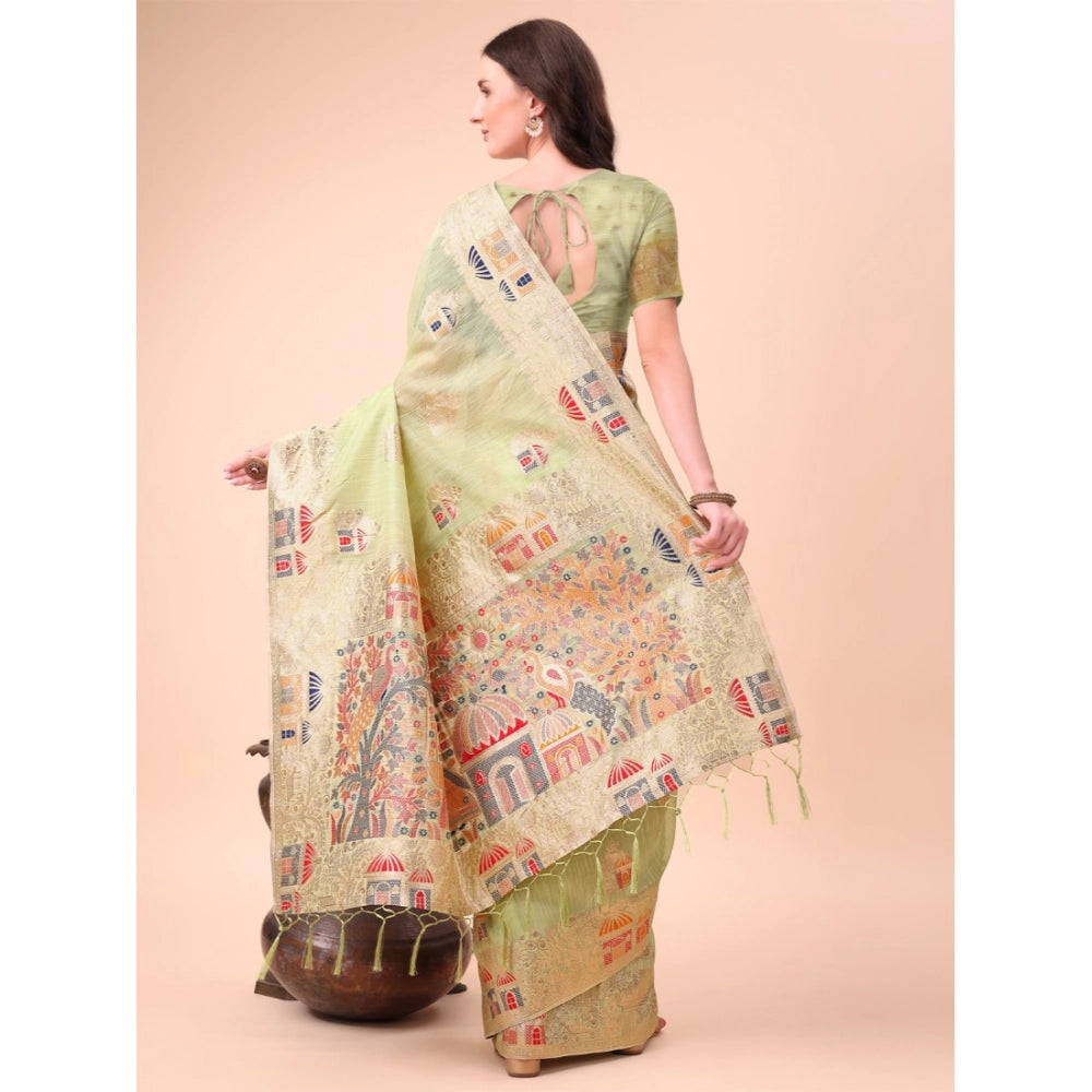 Women's Linen Cotton Printed Saree With Unstitched Blouse 5.5 Mtr (Light Green)