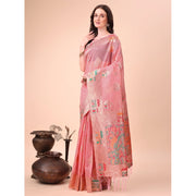Women's Linen Cotton Printed Saree With Unstitched Blouse 5.5 Mtr (Pink)