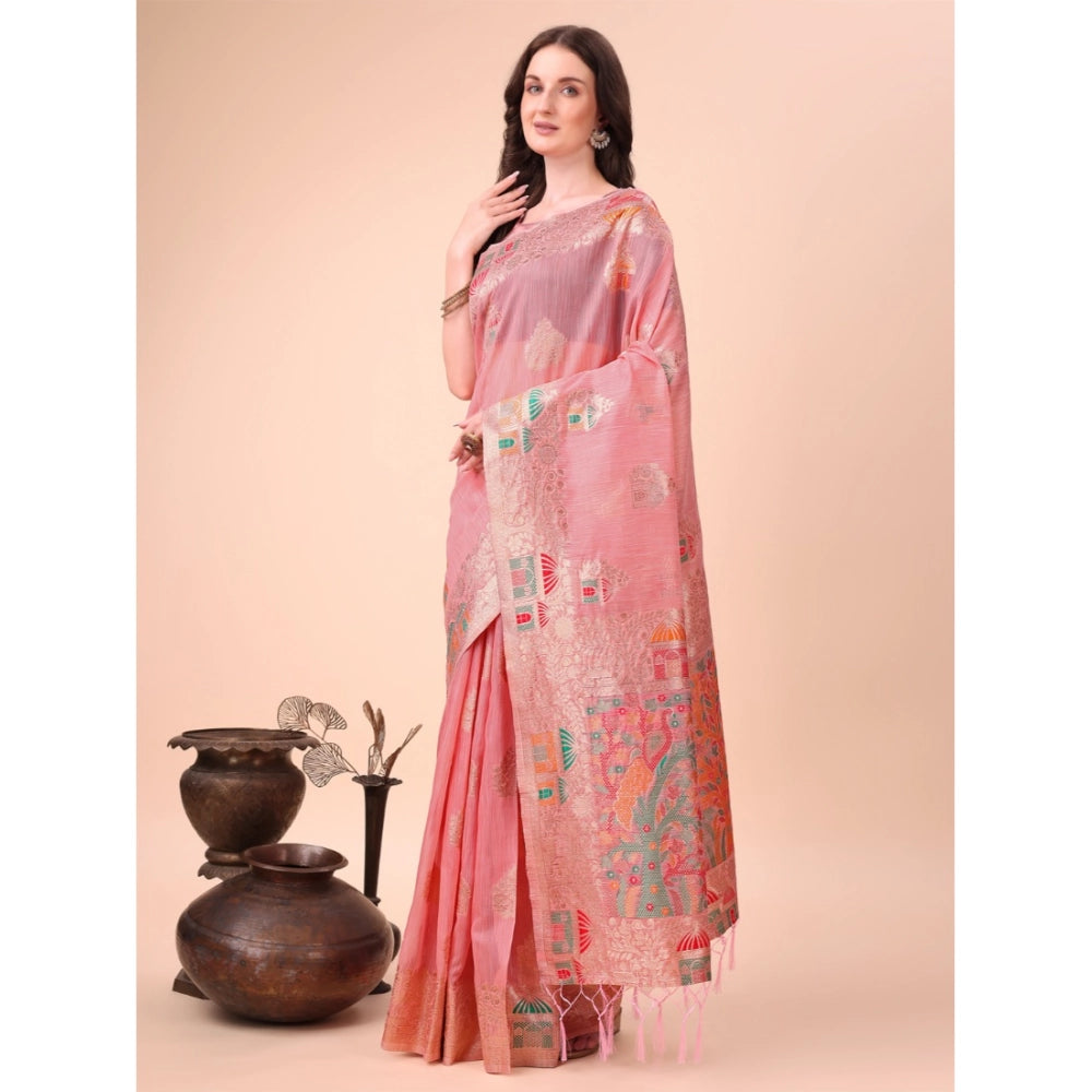 Women's Linen Cotton Printed Saree With Unstitched Blouse 5.5 Mtr (Pink)