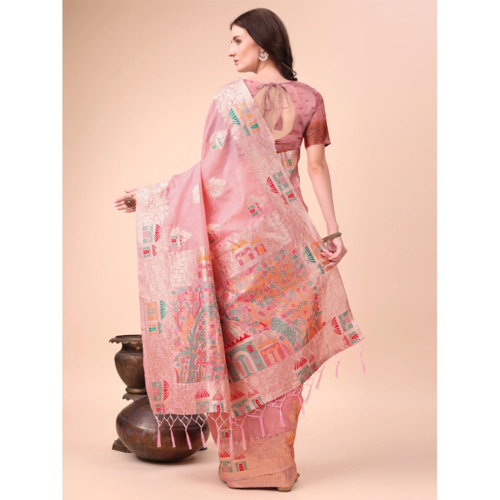 Women's Linen Cotton Printed Saree With Unstitched Blouse 5.5 Mtr (Pink)