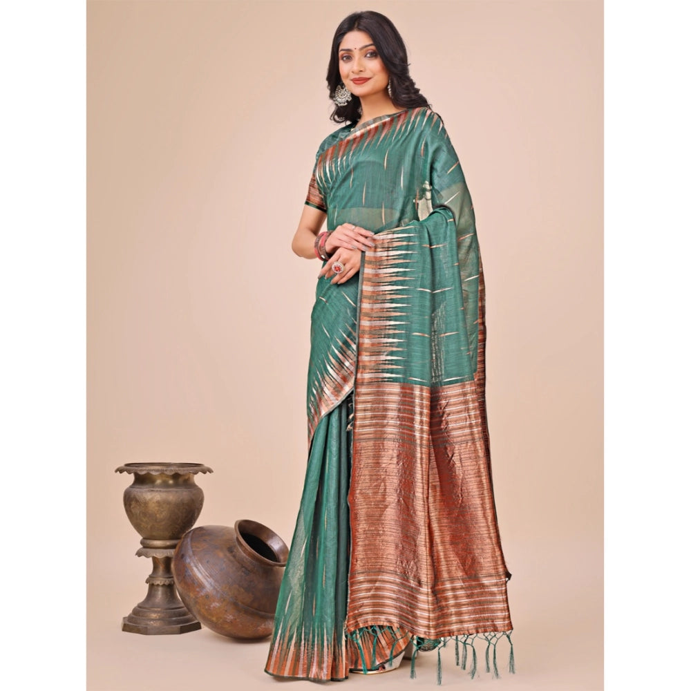 Women's Linen Cotton Printed Saree With Unstitched Blouse 5.5 Mtr (Green)