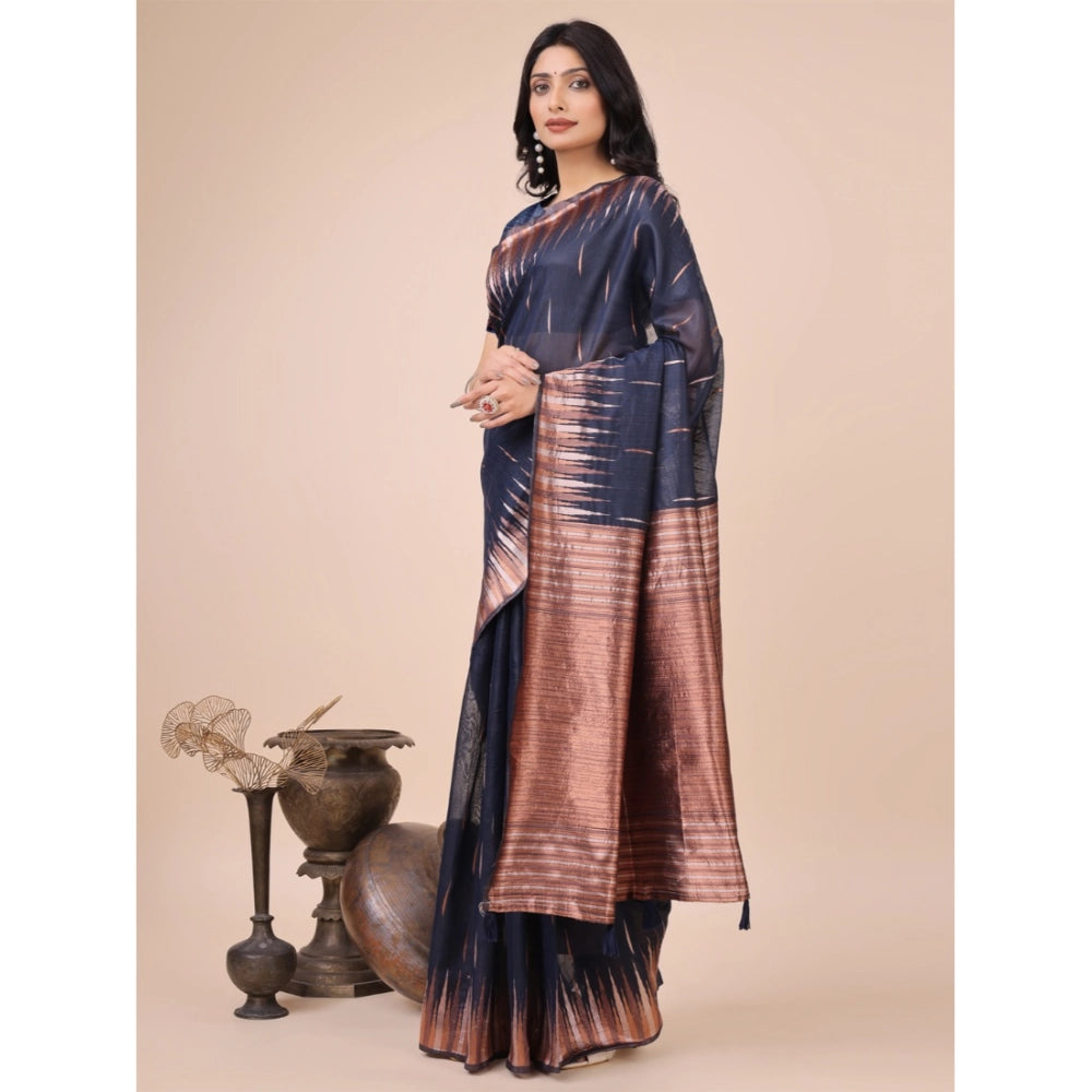 Women's Linen Cotton Printed Saree With Unstitched Blouse 5.5 Mtr (Navy Blue)