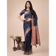 Women's Linen Cotton Printed Saree With Unstitched Blouse 5.5 Mtr (Navy Blue)