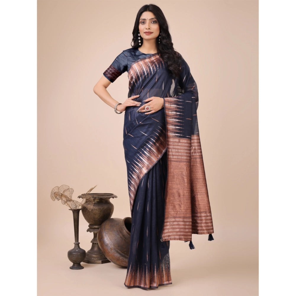 Women's Linen Cotton Printed Saree With Unstitched Blouse 5.5 Mtr (Navy Blue)