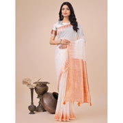 Women's Linen Cotton Printed Saree With Unstitched Blouse 5.5 Mtr (White)