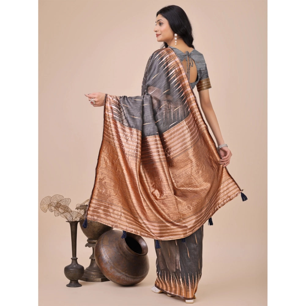 Women's Linen Cotton Printed Saree With Unstitched Blouse 5.5 Mtr (Grey)