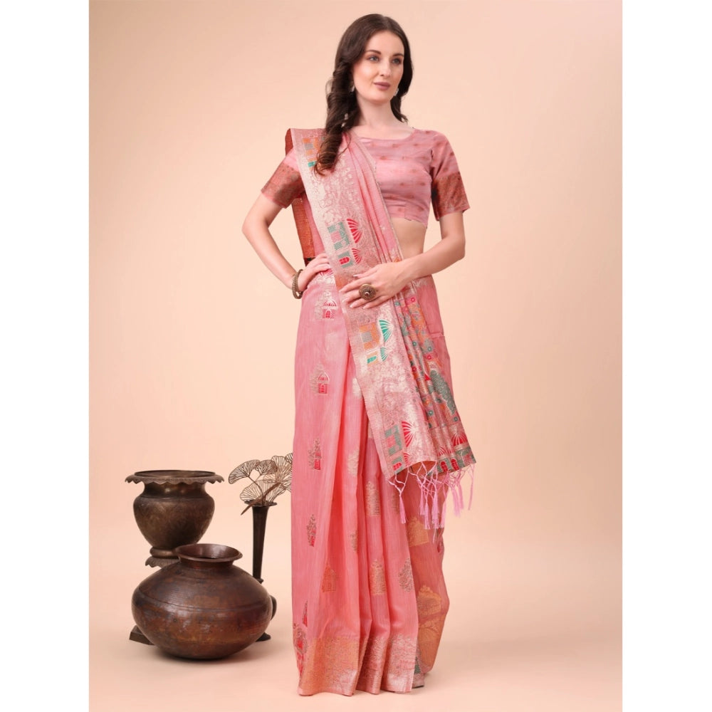 Women's Linen Cotton Printed Saree With Unstitched Blouse 5.5 Mtr (Pink)
