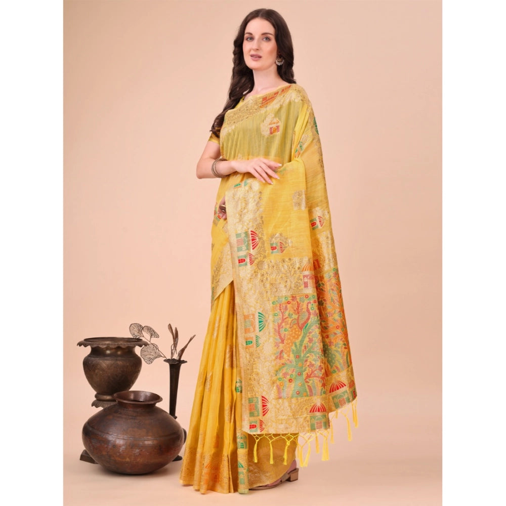 Women's Linen Cotton Printed Saree With Unstitched Blouse 5.5 Mtr (Yellow)