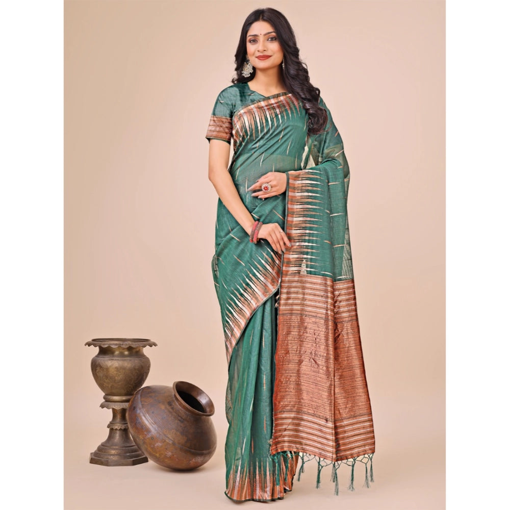 Women's Linen Cotton Printed Saree With Unstitched Blouse 5.5 Mtr (Green)