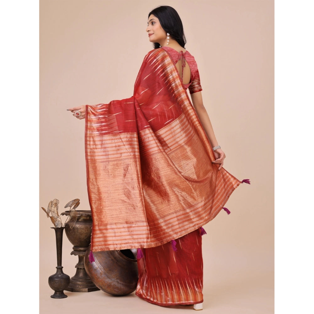 Women's Linen Cotton Printed Saree With Unstitched Blouse 5.5 Mtr (Red)