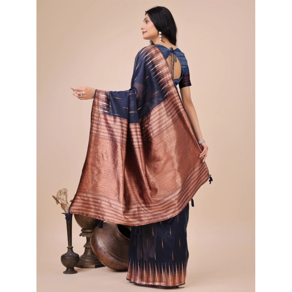 Women's Linen Cotton Printed Saree With Unstitched Blouse 5.5 Mtr (Navy Blue)