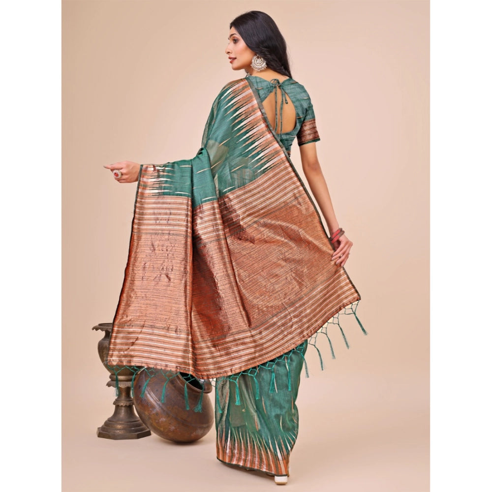 Women's Linen Cotton Printed Saree With Unstitched Blouse 5.5 Mtr (Green)