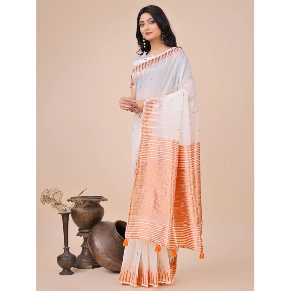 Women's Linen Cotton Printed Saree With Unstitched Blouse 5.5 Mtr (White)