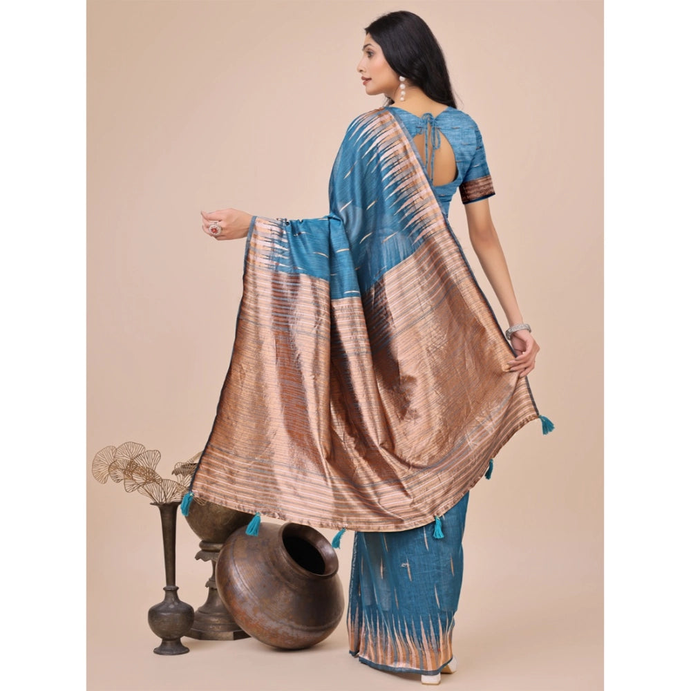 Women's Linen Cotton Printed Saree With Unstitched Blouse 5.5 Mtr (Blue)