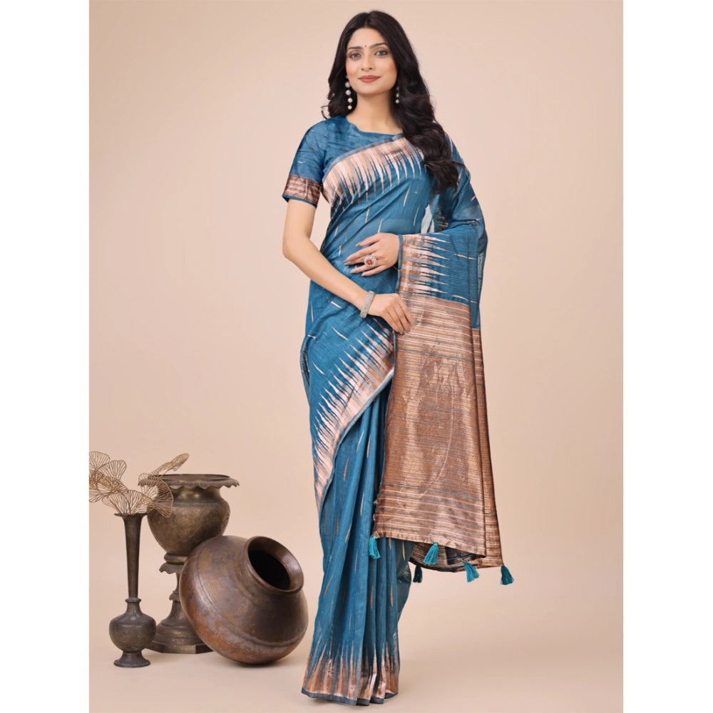 Women's Linen Cotton Printed Saree With Unstitched Blouse 5.5 Mtr (Blue)