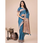 Women's Linen Cotton Printed Saree With Unstitched Blouse 5.5 Mtr (Blue)