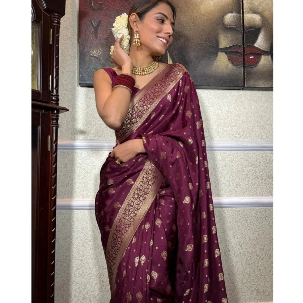 Women's Silk Printed Saree With Unstitched Blouse 5.5 Mtr (Wine)