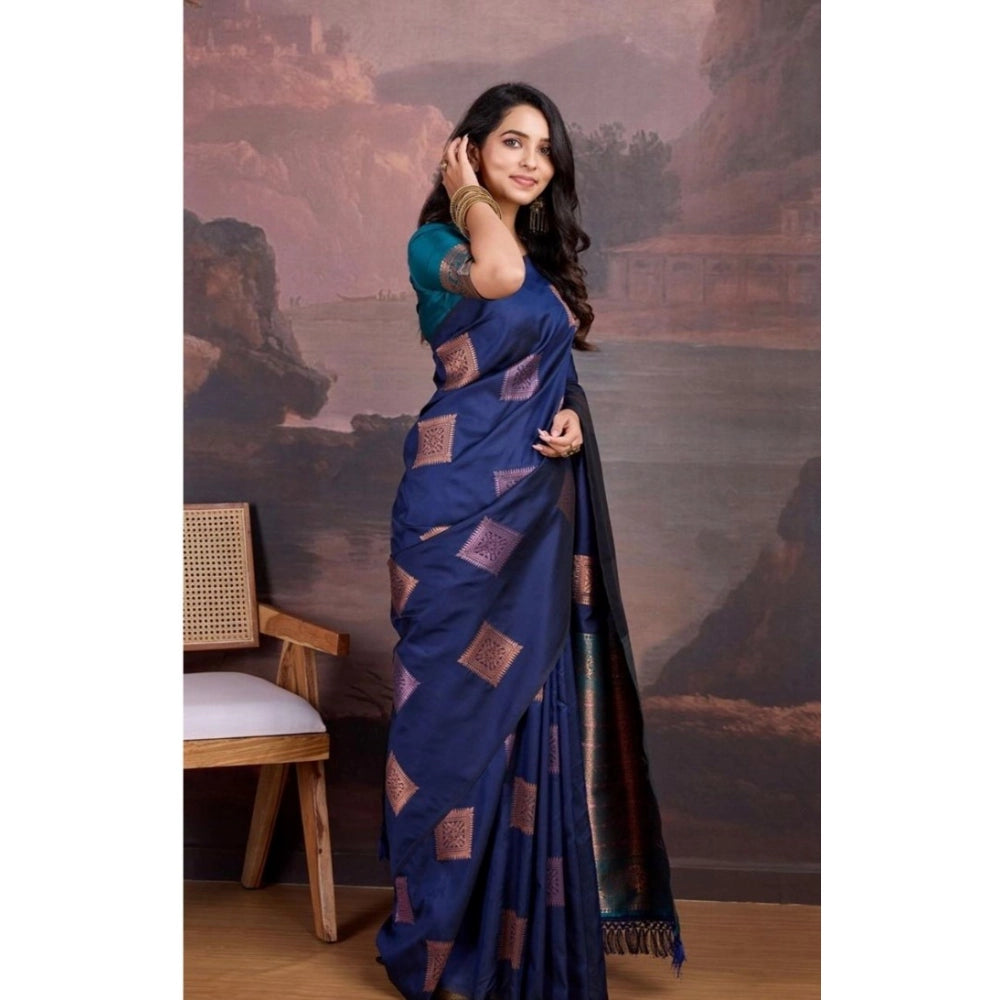Women's Silk Printed Saree With Unstitched Blouse 5.5 Mtr (Navy Blue)