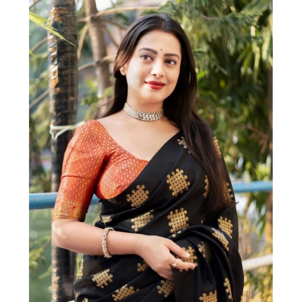 Women's Silk Printed Saree With Unstitched Blouse 5.5 Mtr (Blacl-Orange)