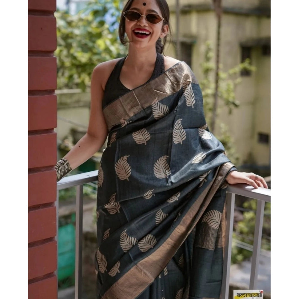 Women's Silk Printed Saree With Unstitched Blouse 5.5 Mtr (Black)