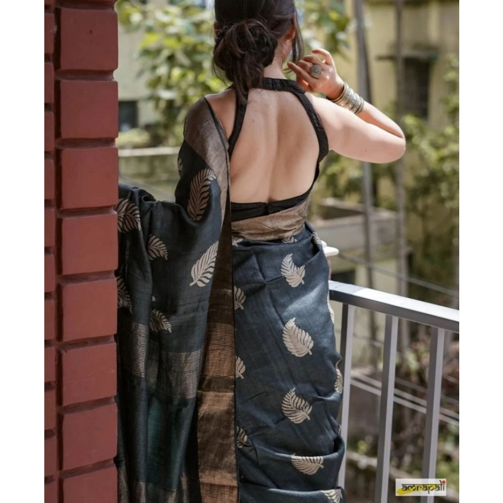 Women's Silk Printed Saree With Unstitched Blouse 5.5 Mtr (Black)