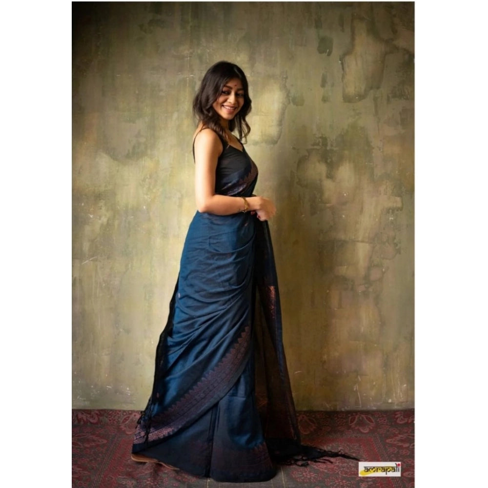 Women's Silk Printed Saree With Unstitched Blouse 5.5 Mtr (Navy Blue)
