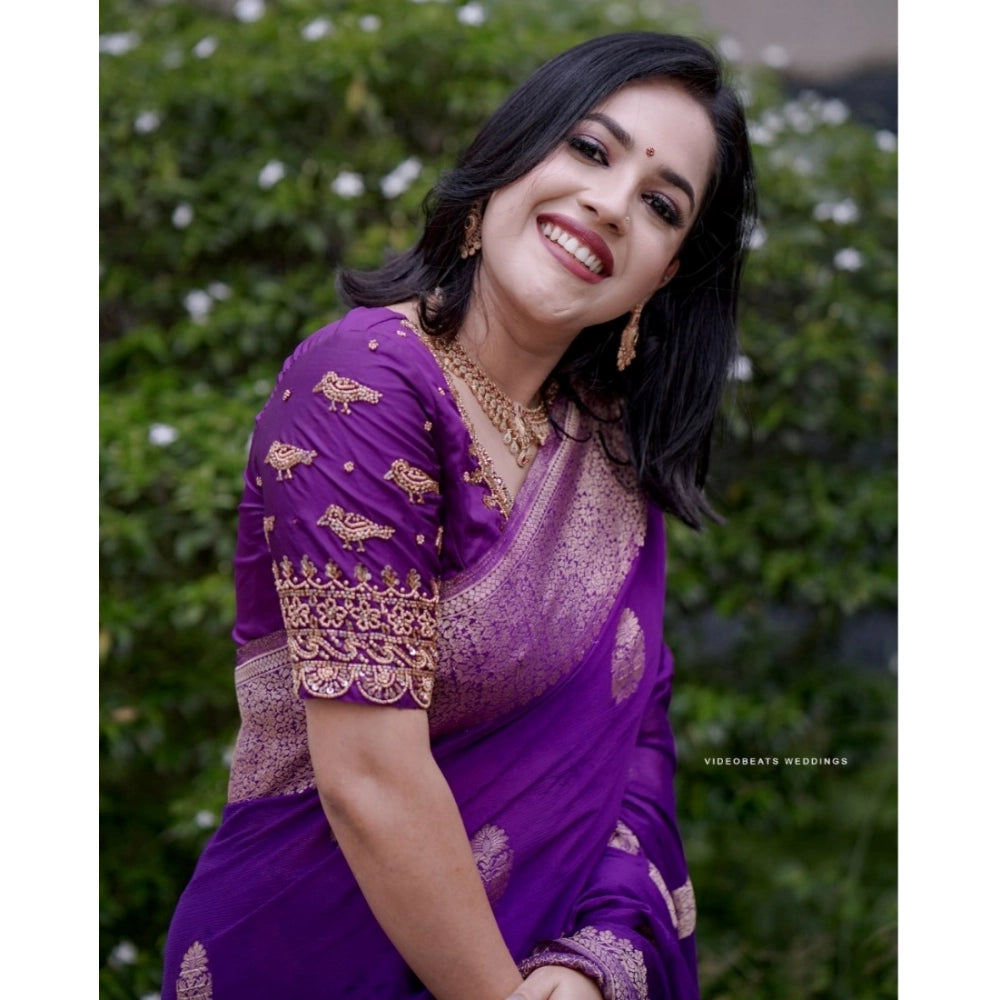 Women's Silk Printed Saree With Unstitched Blouse 5.5 Mtr (Purple)