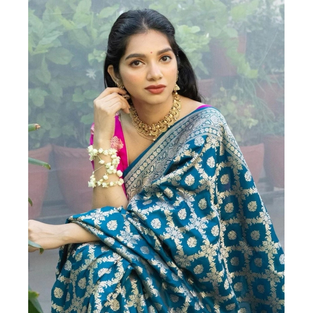 Women's Silk Printed Saree With Unstitched Blouse 5.5 Mtr (Sky Blue)