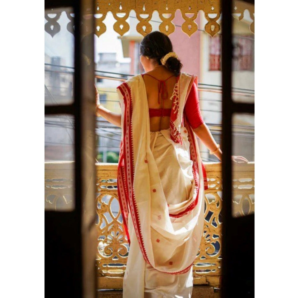 Women's Cotton Printed Saree With Unstitched Blouse 5.5 Mtr (White)